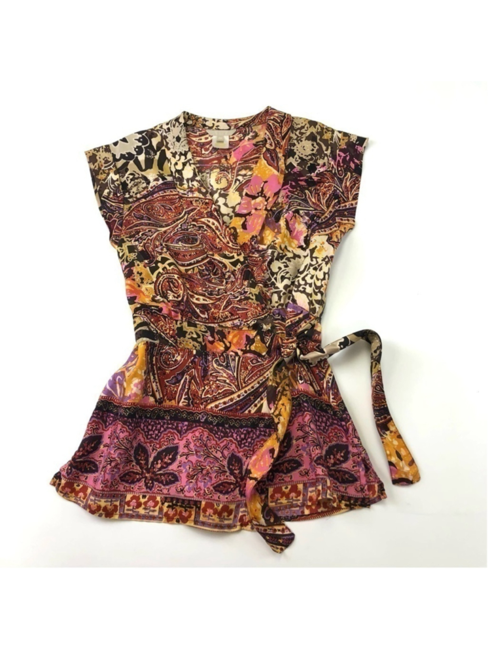 Pink Tartan silk wrap blouse in rich shades print XS Boho Maximalist